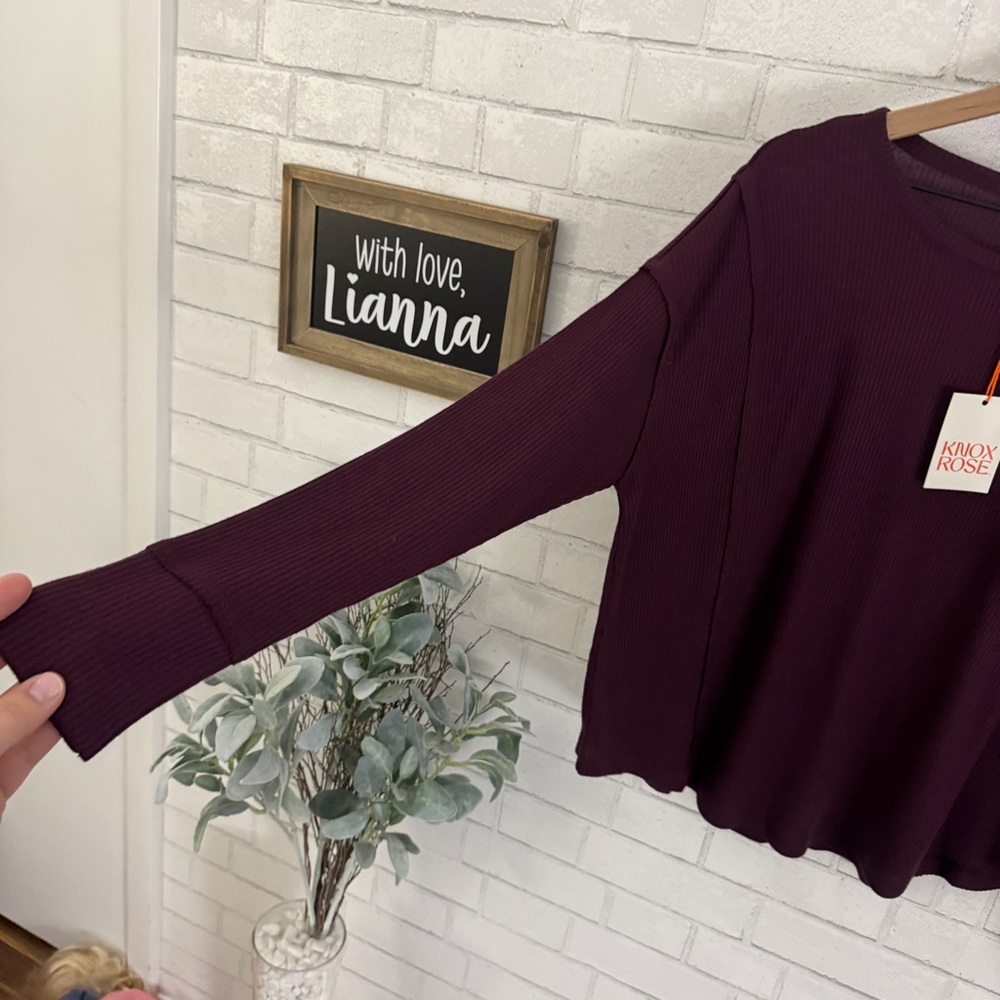 KNOX ROSE Ribbed Knit Dark Purple Loose Fit Long Sleeve Top - Picture 3 of 8